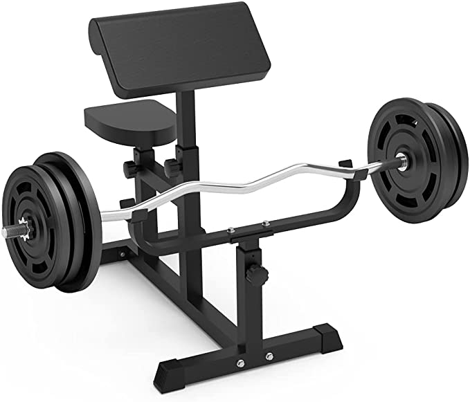 Adjustable Arm Preacher Curl Weight Bench – Roman Chair with Barbell & Dumbbell