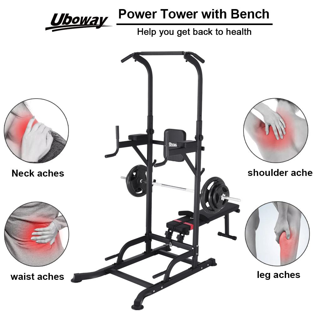Adjustable Power Tower with Bench - Pull Up Bar Stand Dip Station Heavy Duty Multi-Function Fitness Training Equipment Home Gym